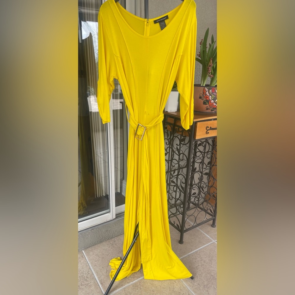 Ashley Stewart Yellow Long Sleeve Belted jumpsuit.